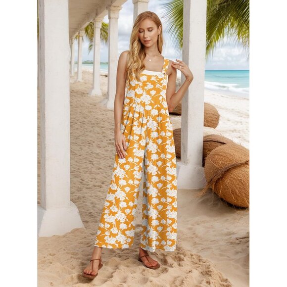 Women's Jumpsuits Boho Wide Leg Rompers with Pockets - Yellow Peony - Picture 2 of 5